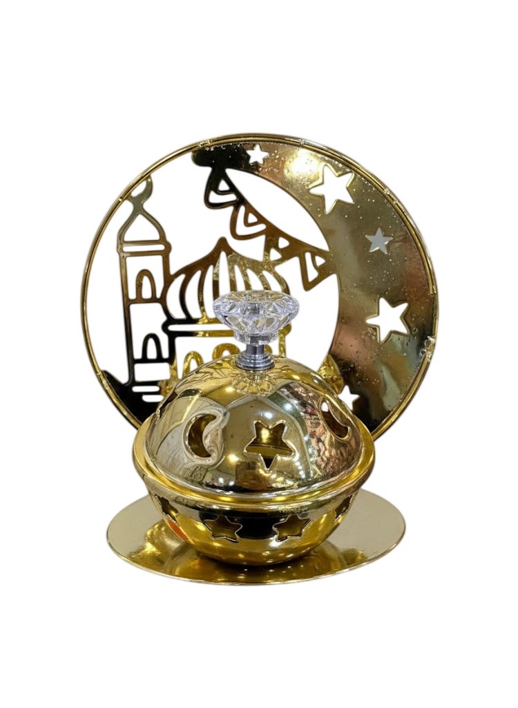 مبخرة رمضانية ذهبية مع تصميم هلال ومسجد، مبخرة معدنية بغطاء مزخرفة بالنجوم - Image 1